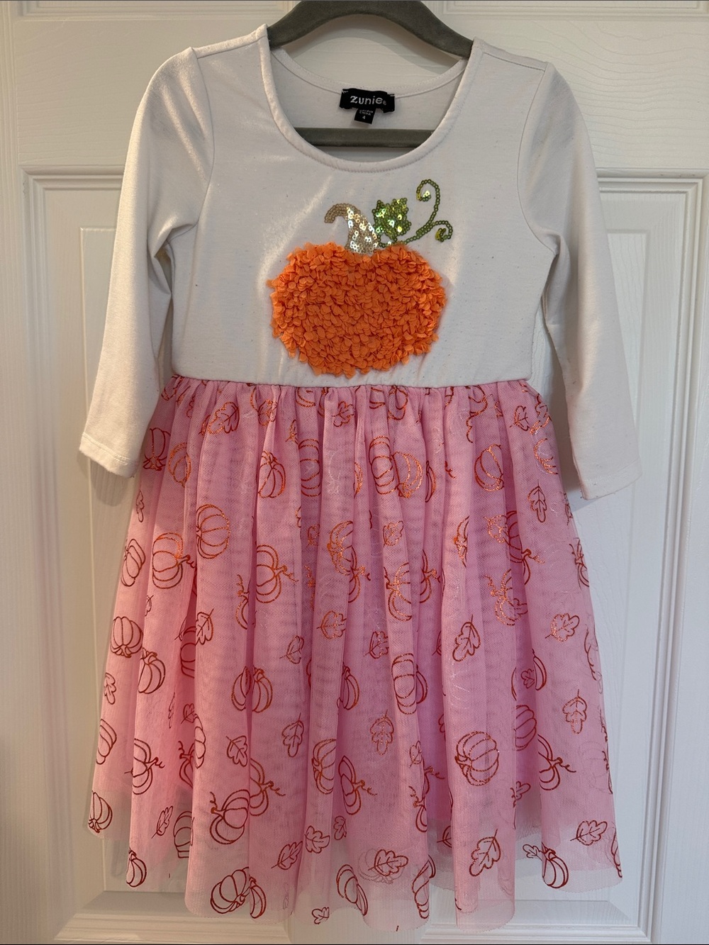 Zunie White & Pink Pumpkin Applique Tulle Dress